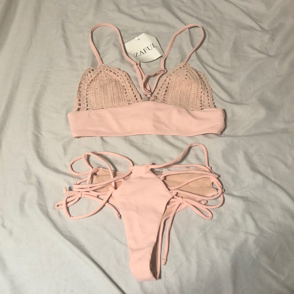 Crochet high waisted pink bikini